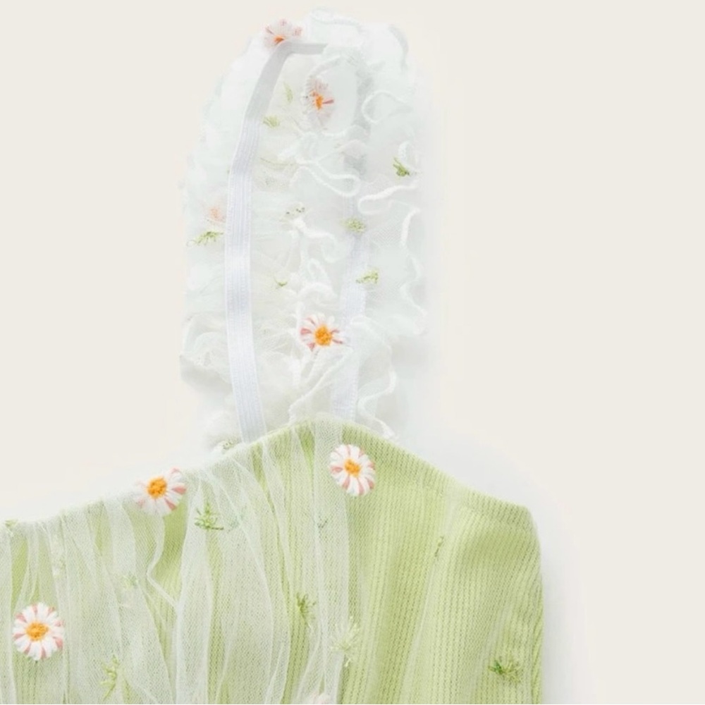 SHEIN MOD Floral Embroidery Ruched Crop Top Size Medium Green Lace Overlay - Picture 3 of 11